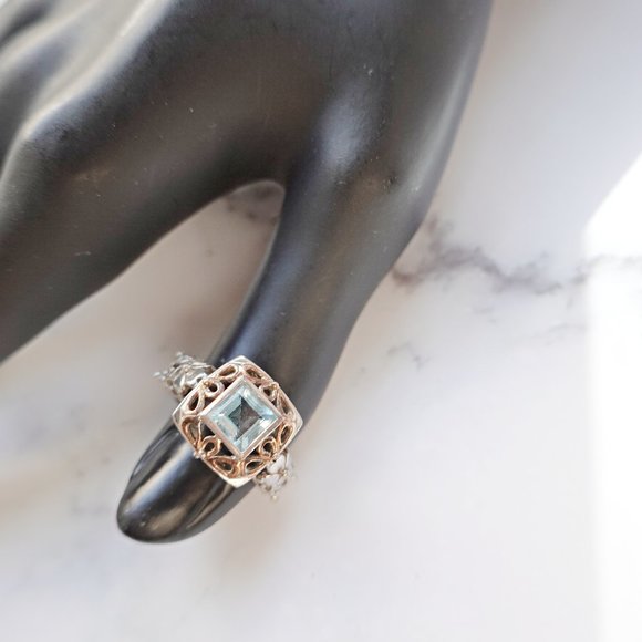 14k YELLOW GOLD AND STERLING SILVER AQUAMARINE GEMSTONE RING SIZE 6
